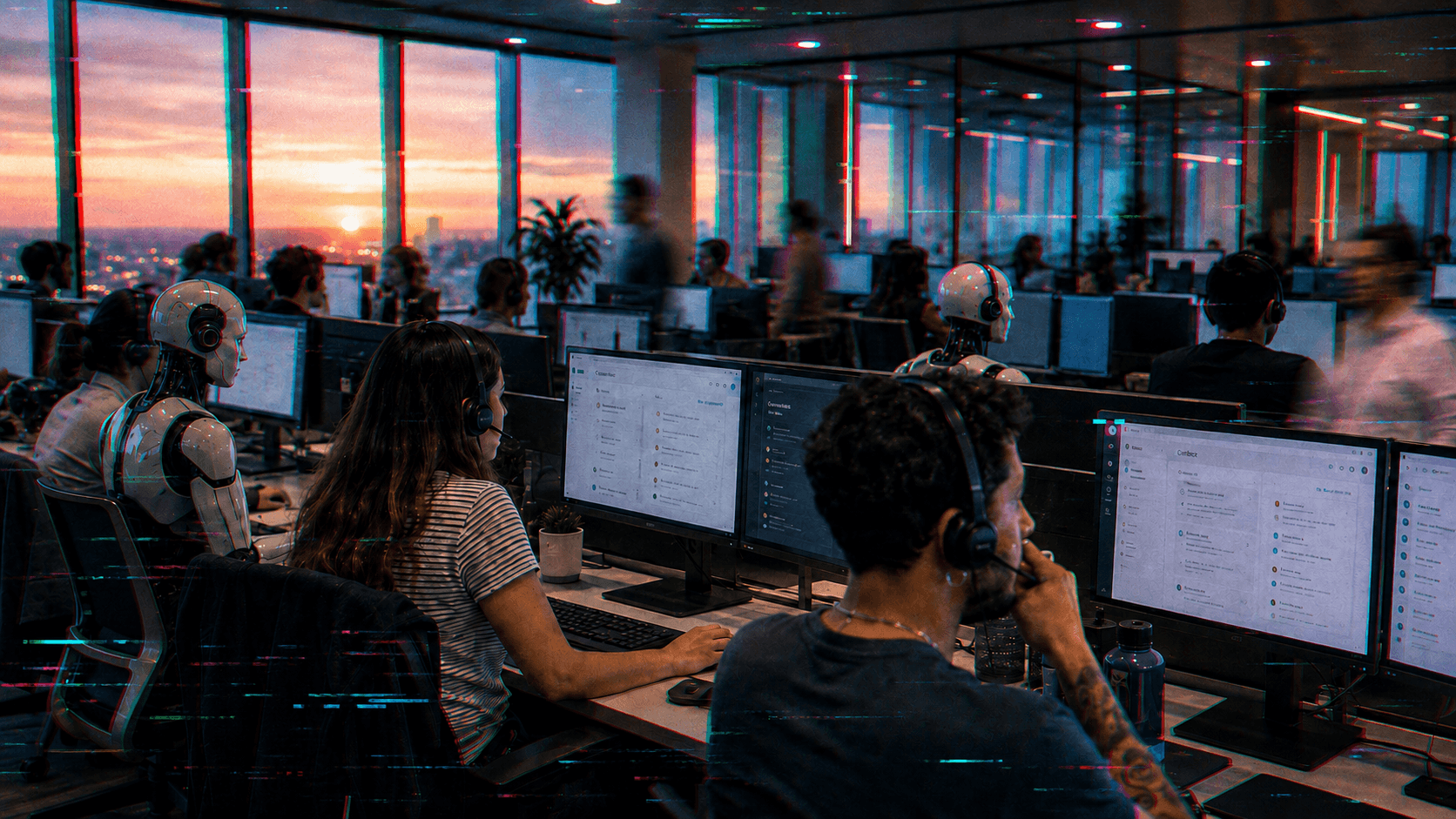 Piso de contact center al atardecer, con agentes humanos y figuras humanoides que representan agentes de voz IA en sus puestos
